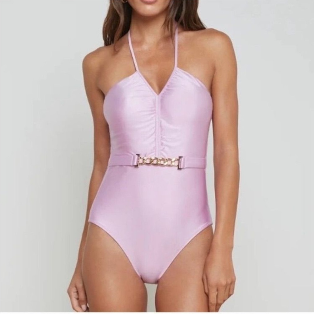 L'AGENCE Lilac Pink One-Piece Swimsuit with Gold Chain Belt